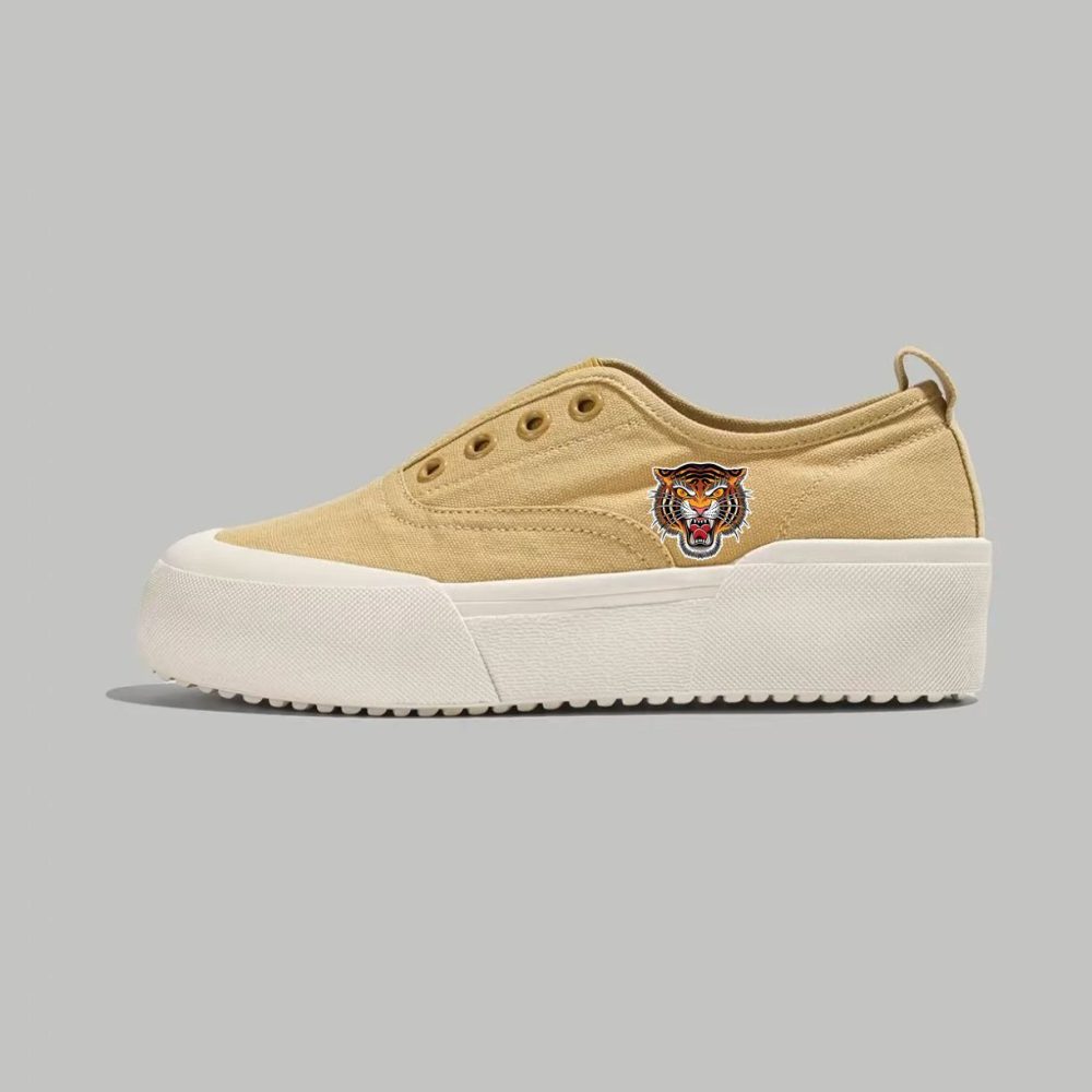 Beige Suede Slip-On Platform Sneakers with Embroidered Tiger Patch